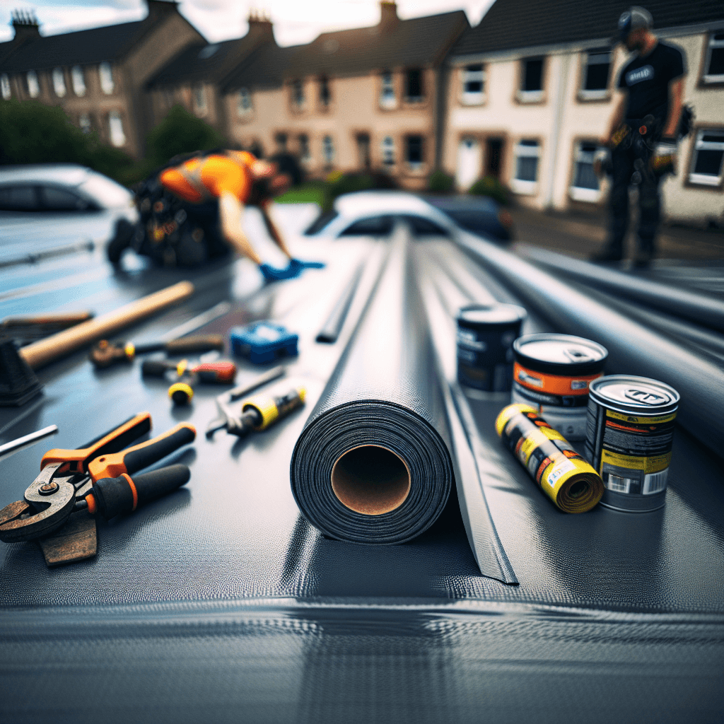 Flat roof repair in Cupar showing waterproofing membrane and tools by Your Local Roofers